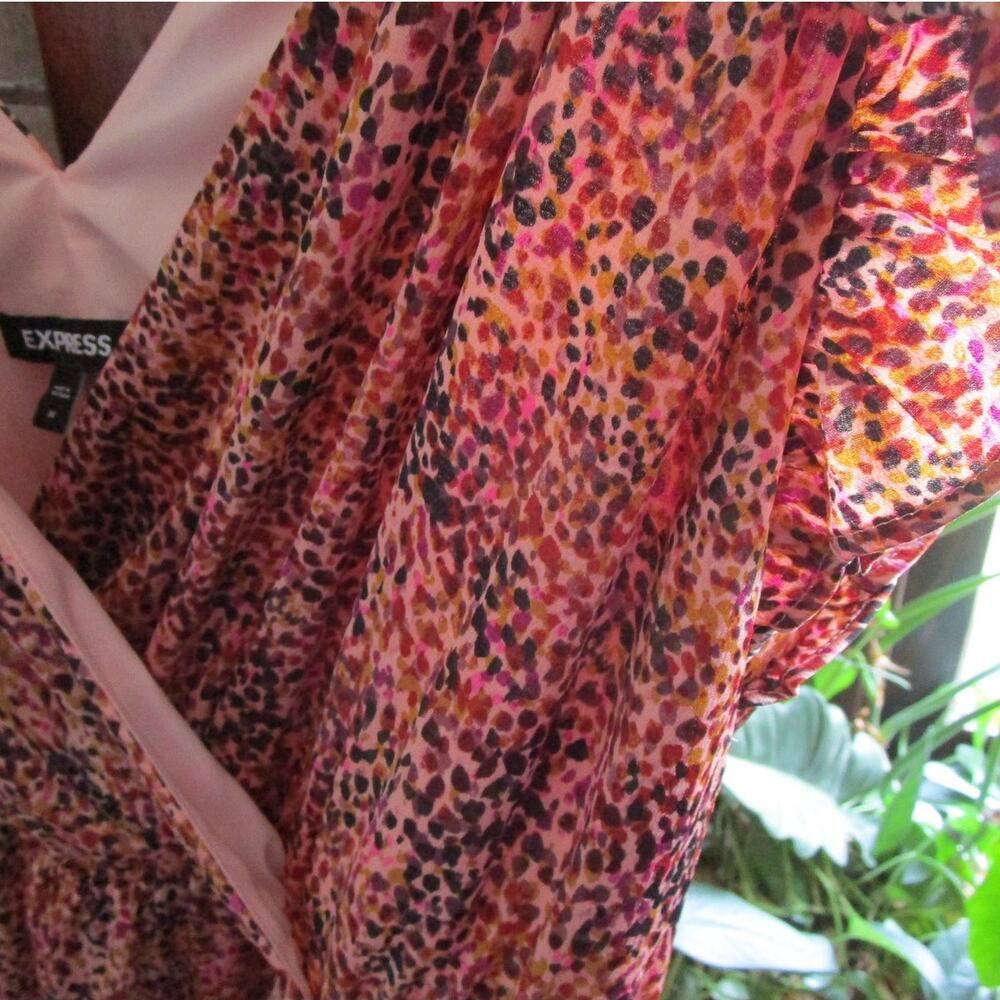 Express Pink Abstract Print Ruffle Faux Wrap Dress Size S/M - Picture 15 of 17